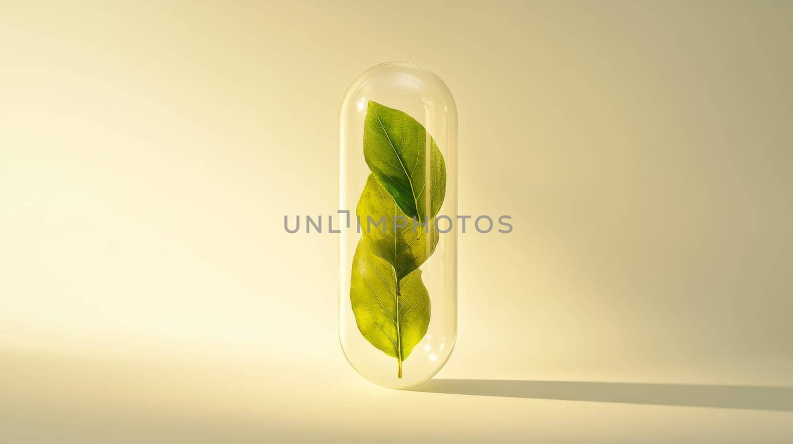 Green leaves encapsulated in transparent capsule, innovation and nature concept.