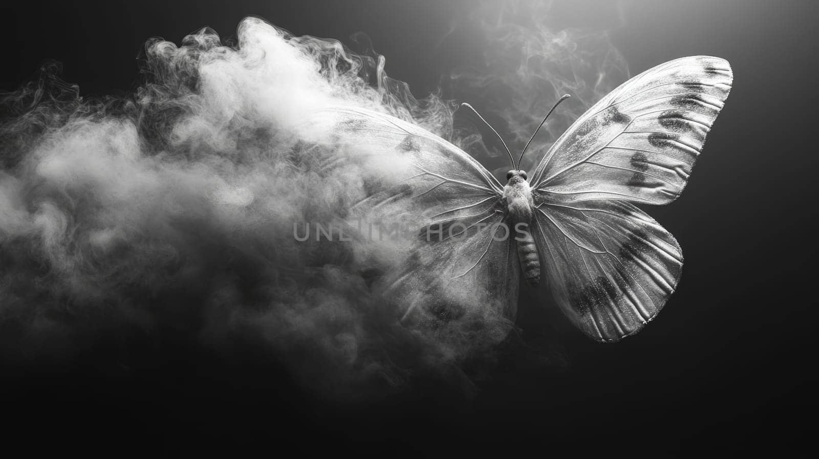 Butterfly emerging from smoke in black and white.