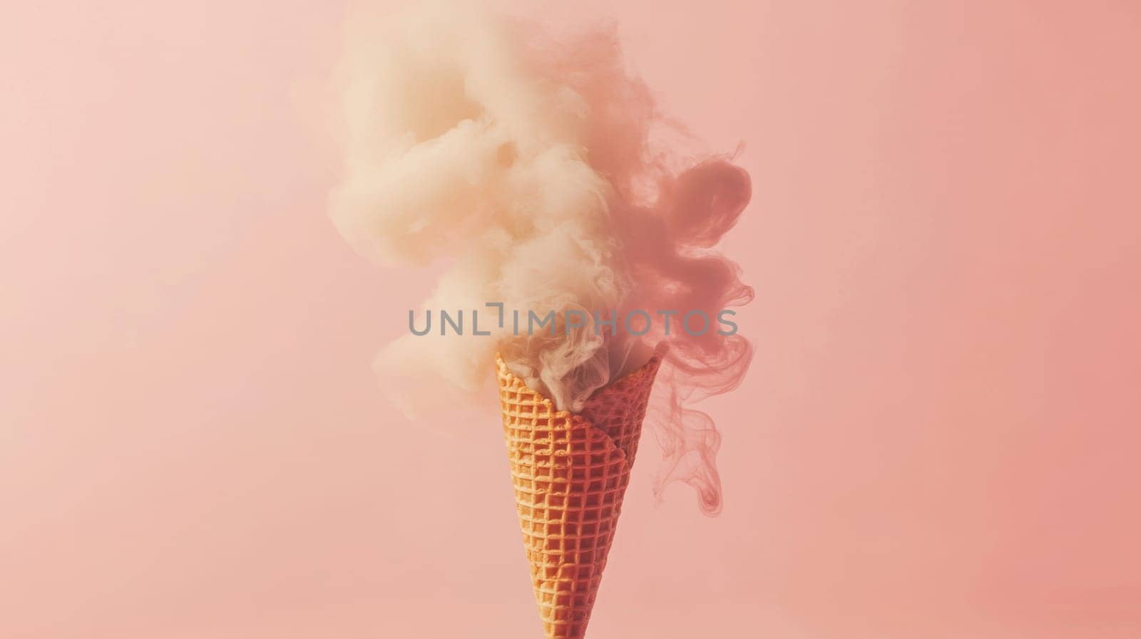 Ice cream cone with pink smoke on soft pink background, surreal concept.