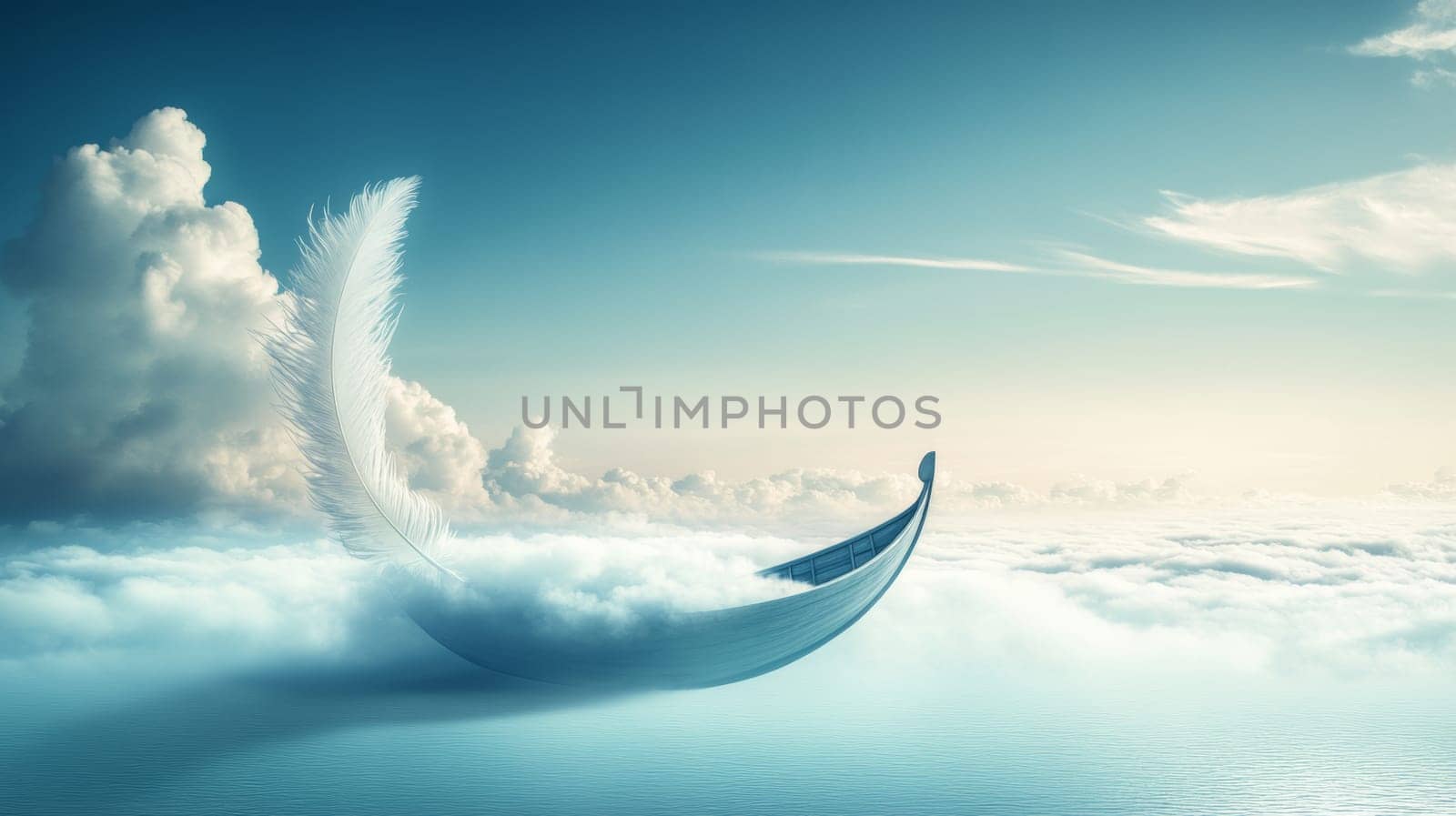 Surreal boat with feathers floating among clouds in a serene sky, dreamlike concept.