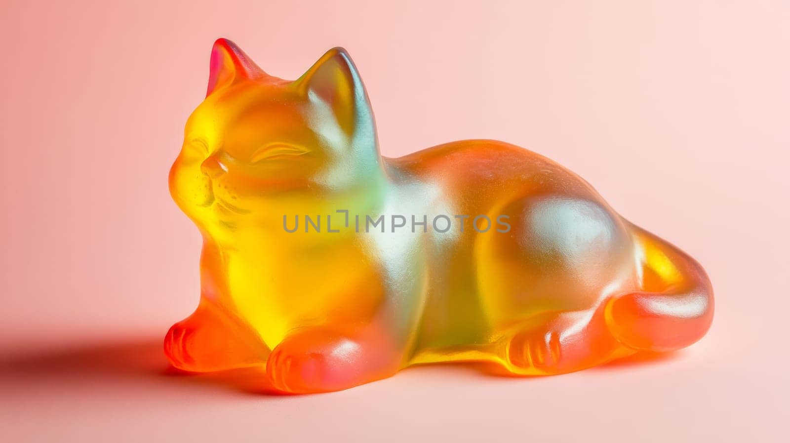 Colorful translucent gummy cat on pink background.