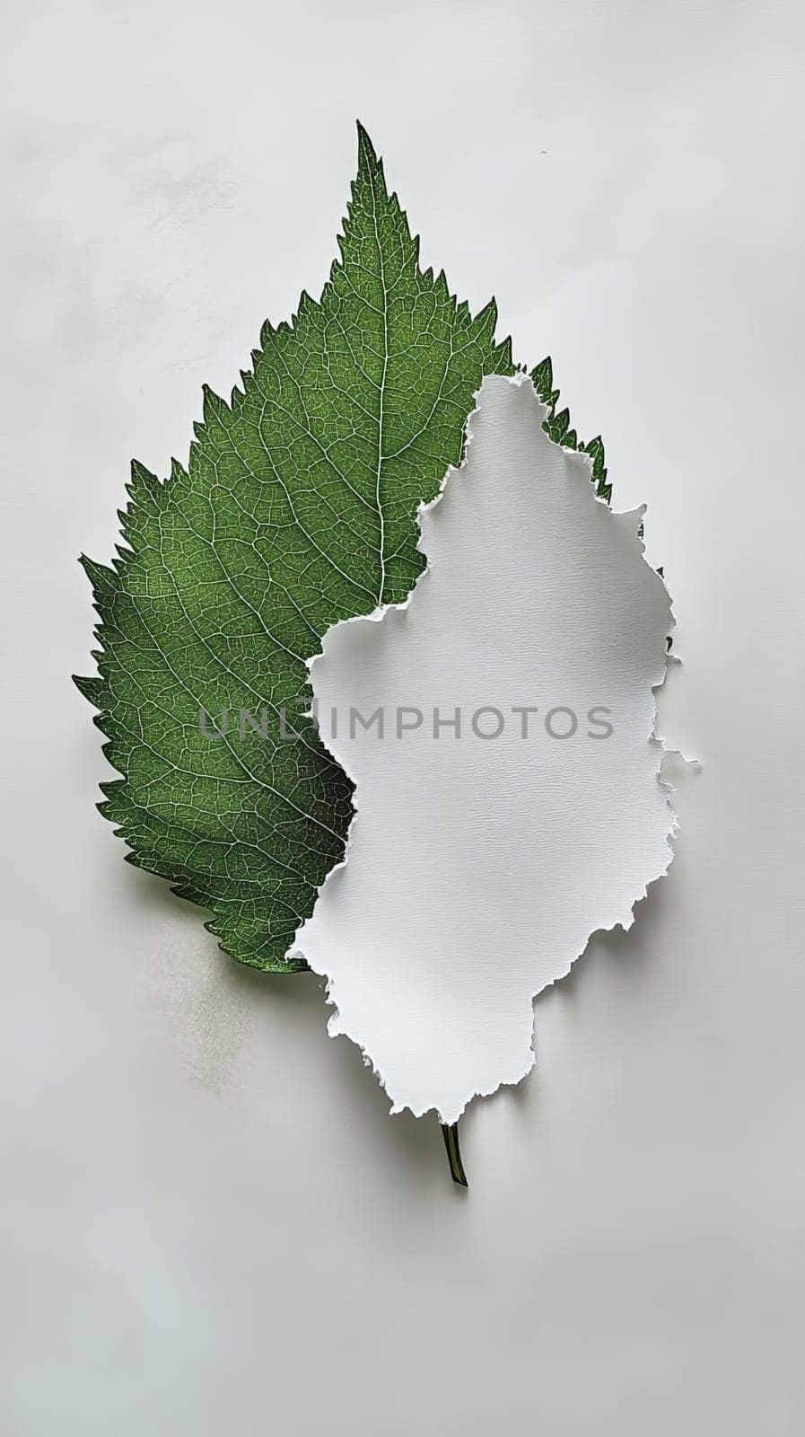 Green leaf with cutout design on white background, creative nature concept.