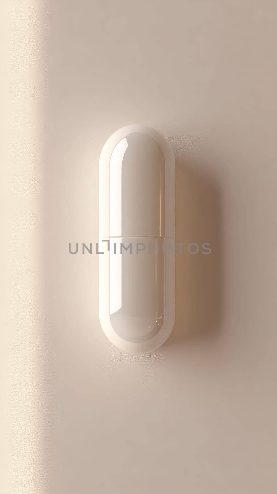 White capsule on beige wall, minimalist design.