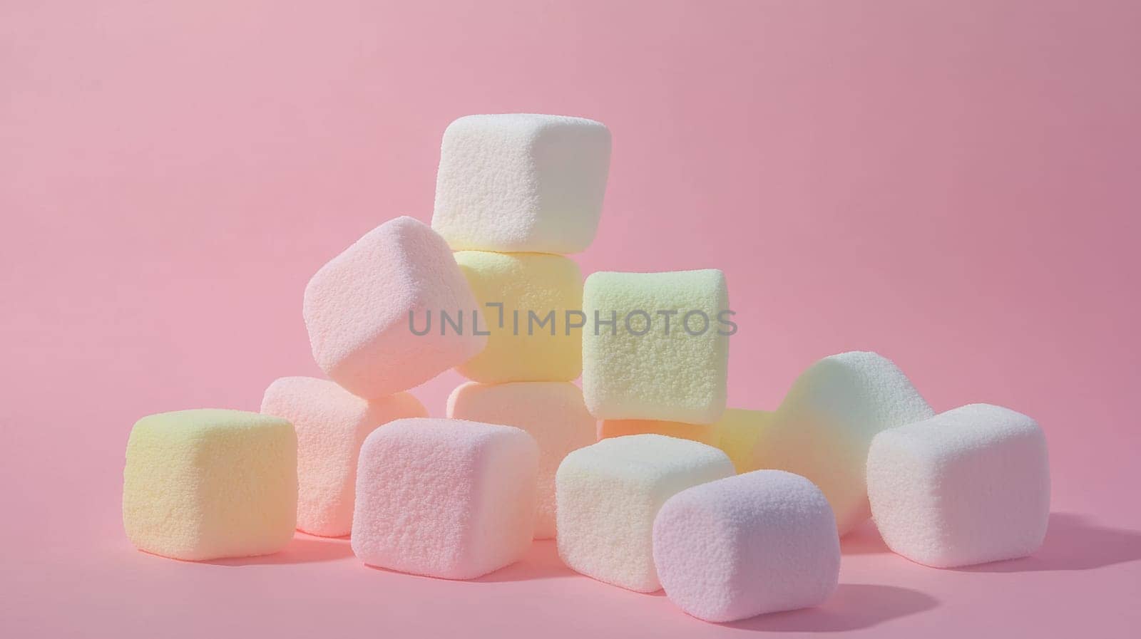 Pile of colorful marshmallows on pink background, soft texture. Sweet and playful concept.