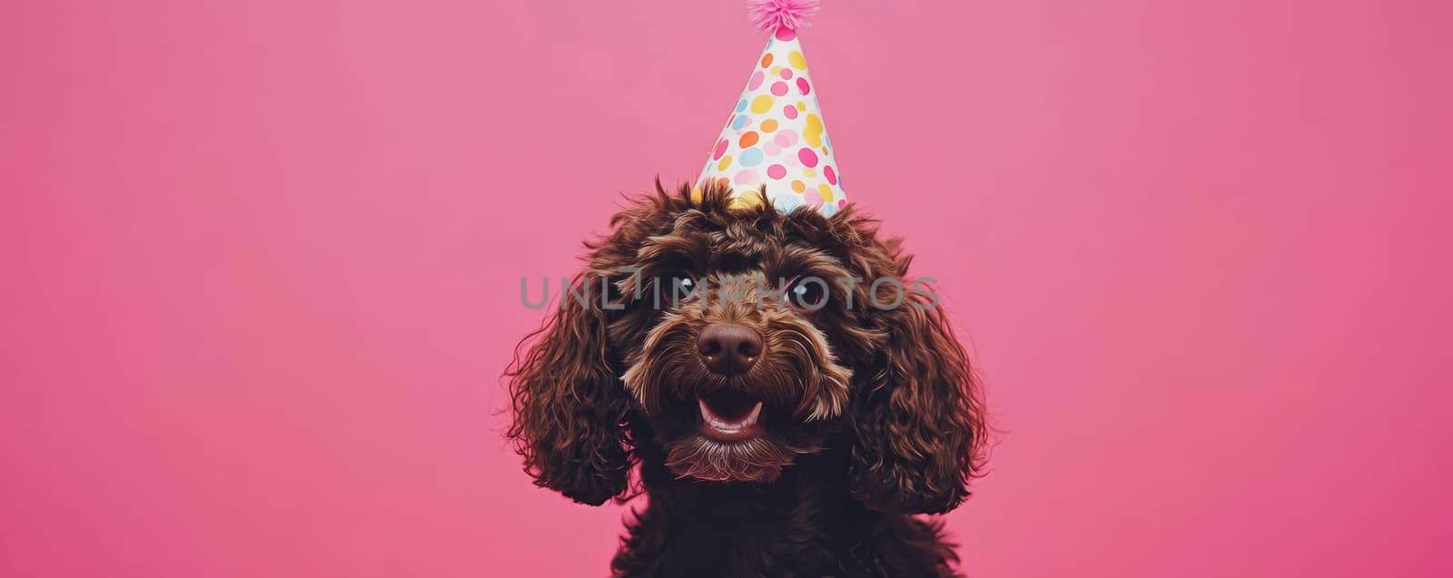 Dog wearing a colorful party hat against pink background.