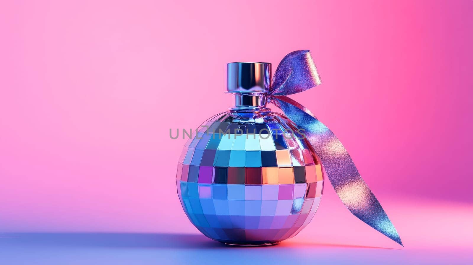 disco ball style perfume bottle with ribbon on gradient background.