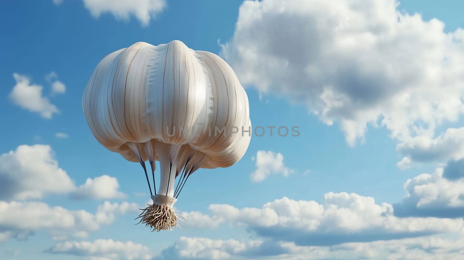 Garlic-shaped balloon floating in a cloudy blue sky, surreal concept.