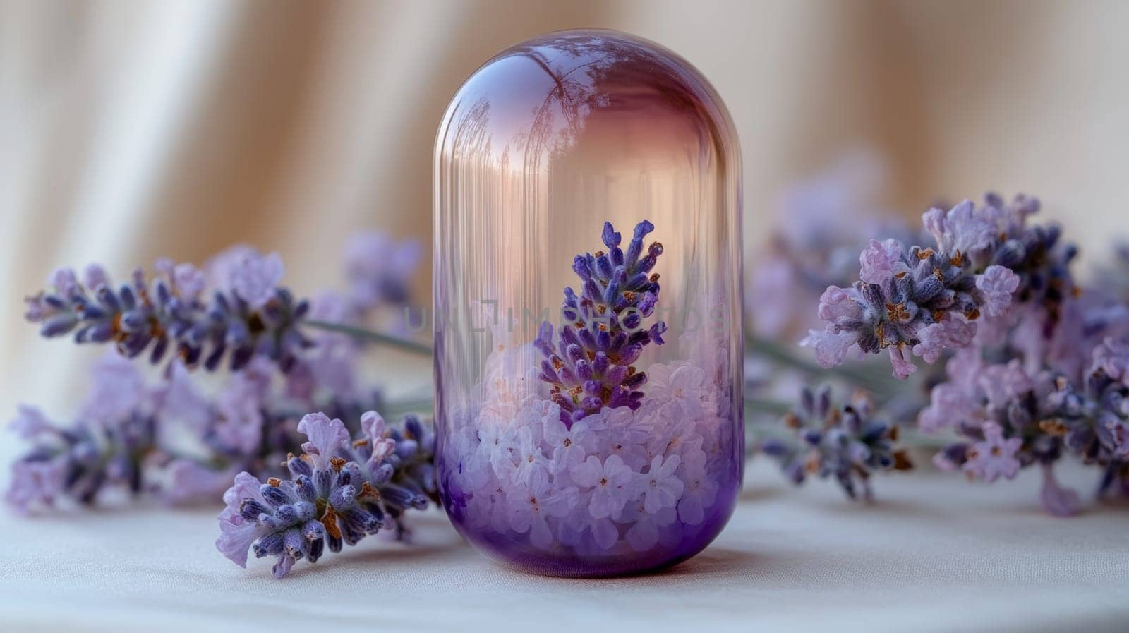 Lavender flowers encapsulated in glass, artistic composition. Nature and tranquility concept.