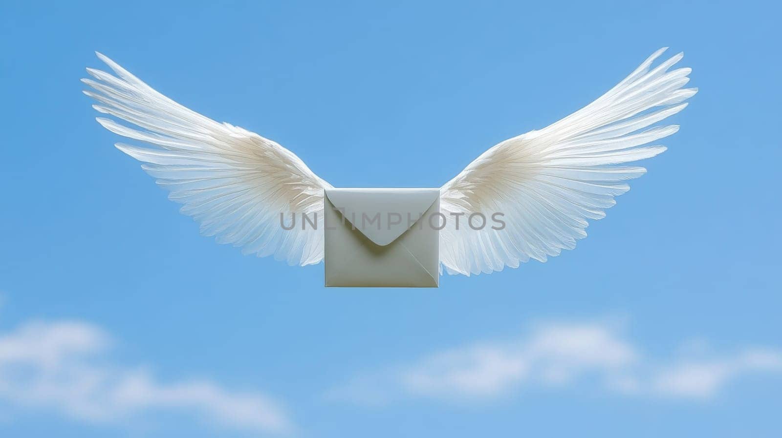 Envelope with angel wings flying in blue sky, symbolic message delivery.