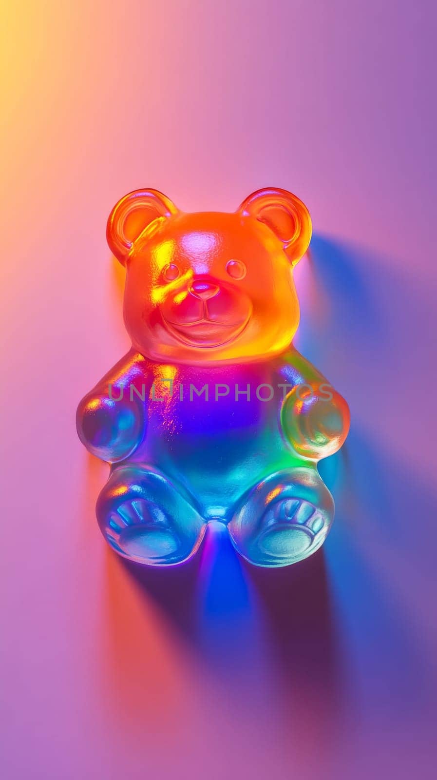 Colorful gummy bear in vibrant rainbow light, playful candy art concept.
