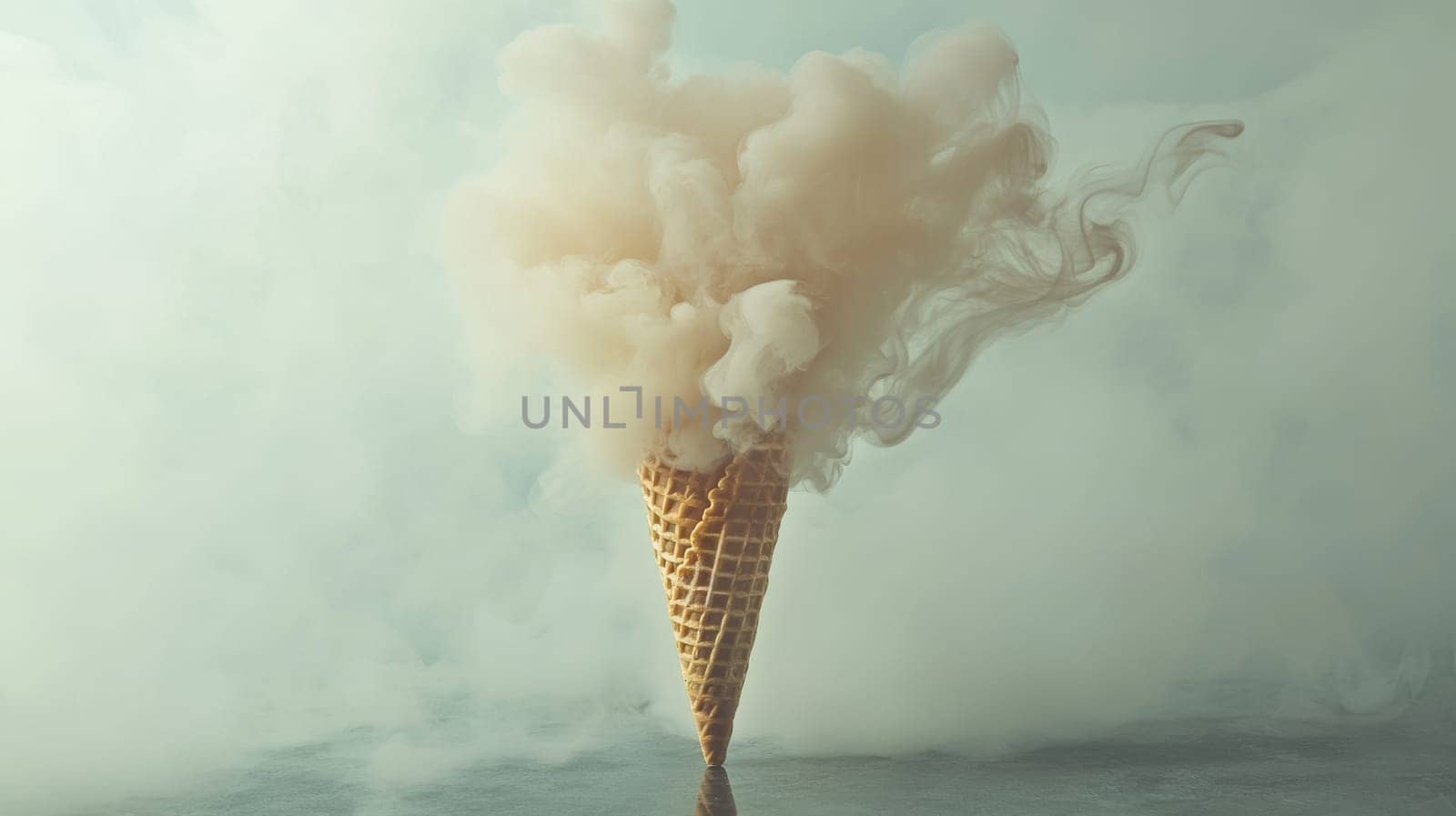 Ice cream cone filled with smoke on reflective surface, surrealist art concept.