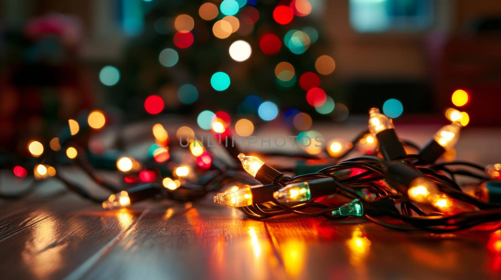Festive christmas lights on wooden floor, bokeh and holiday atmosphere concept.