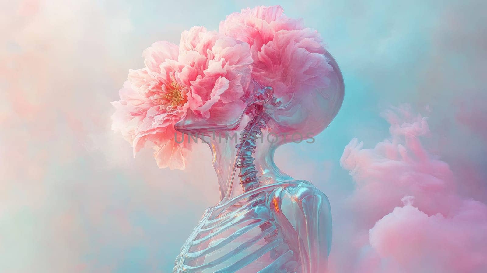 Crystal skeleton with blooming flowers, surreal art. Creativity and imagination concept.