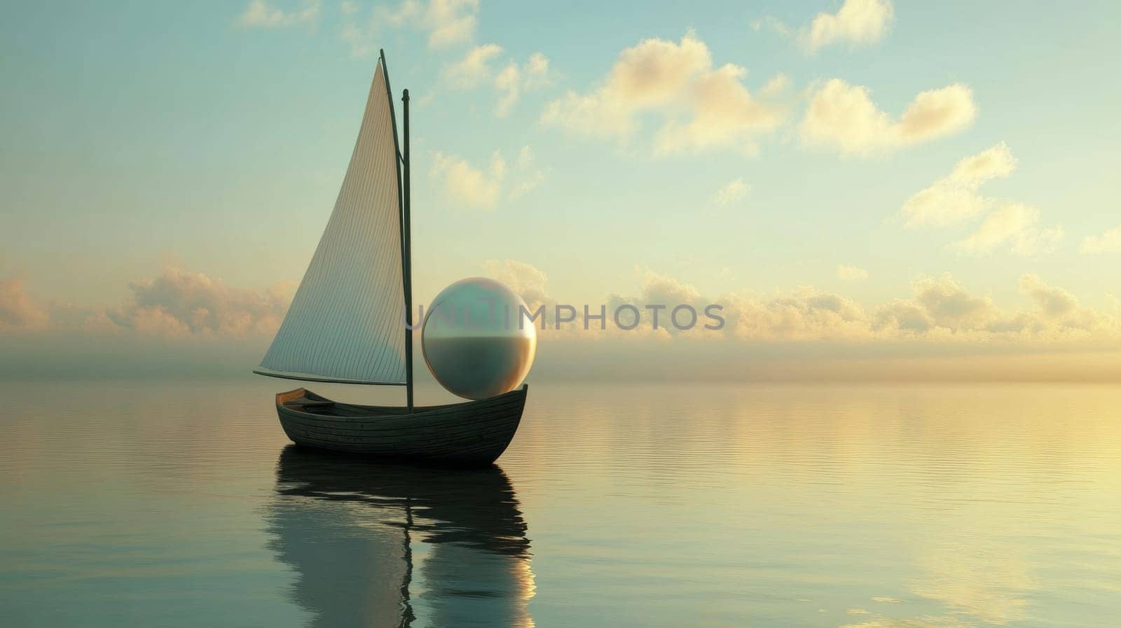 Sailboat with large pearl on calm sea at sunrise.