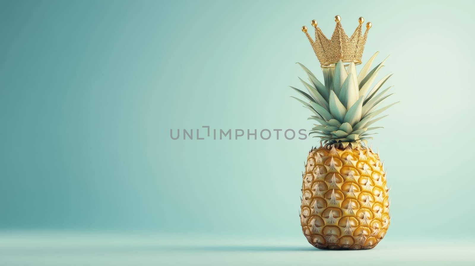 Pineapple with a golden crown on blue background. Creative concept of tropical royalty.
