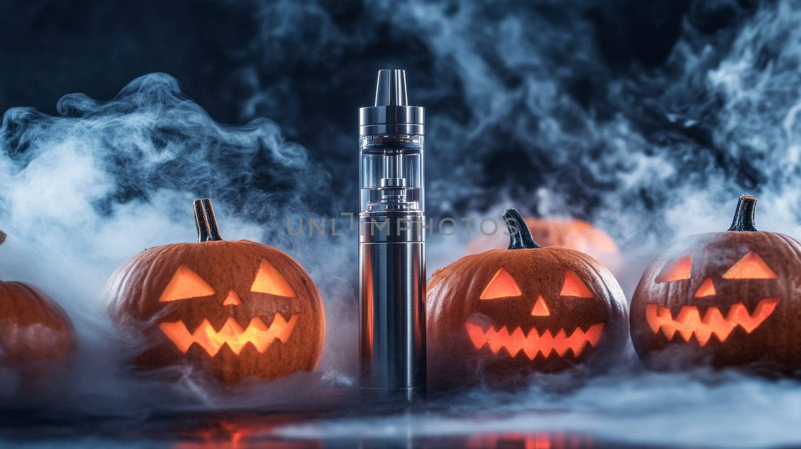 Vape device surrounded by jack-o-lanterns and fog, halloween atmosphere. E-cigarette technology and spooky decoration concept.