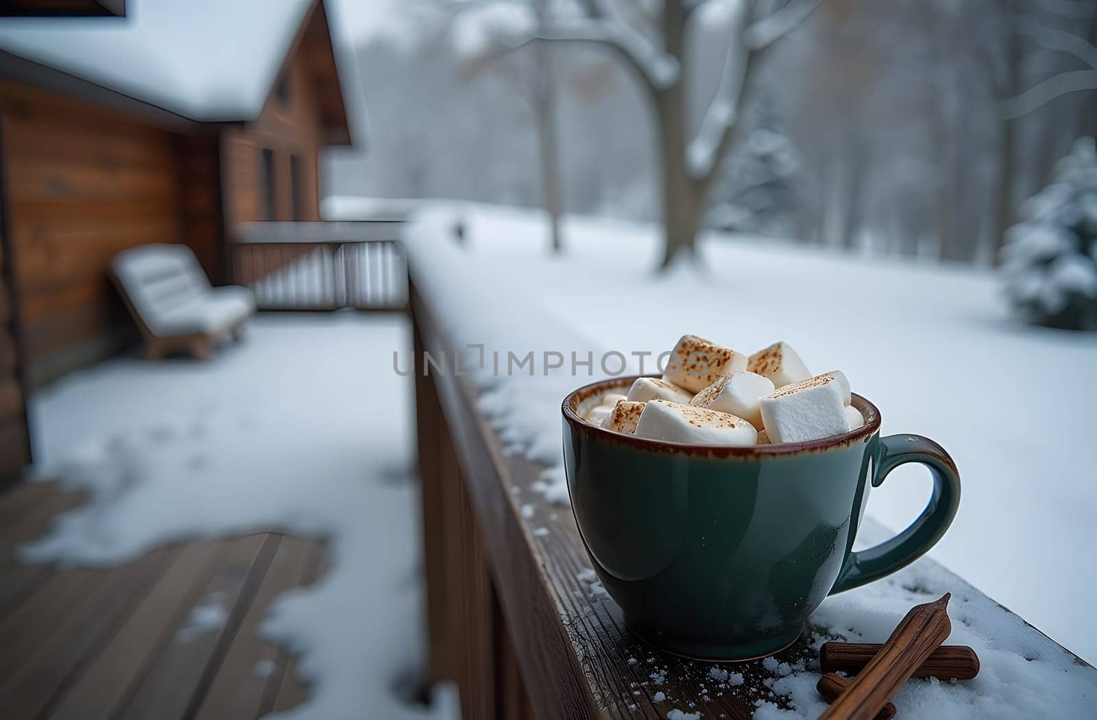 A steaming mug of hot cocoa topped with melted marshmallows rests on a wooden terrace of a countryside home. Surrounding it are snowdrifts and visible trees, creating a cozy winter retreat