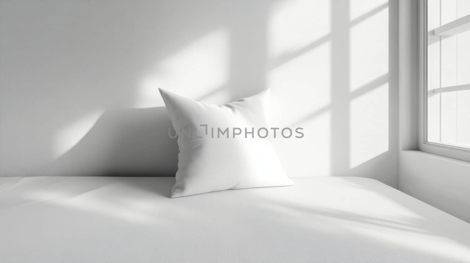 Minimalist white pillow on bed with sunlight streaming through window, serene and peaceful concept.
