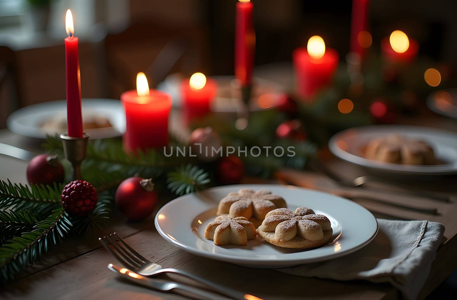 A snug holiday table is set with decorative fir branches and shining red candles, exuding warmth. In the center, a dish filled with delicious Christmas cookies and pies showcases the joy of festive feasting