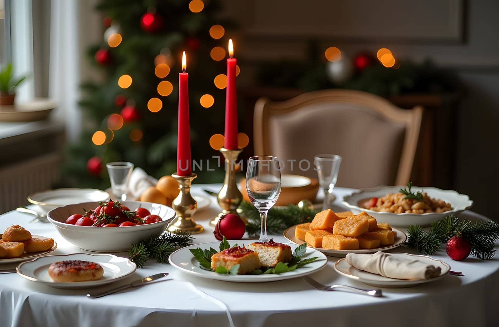 A beautifully set table adorned with a pristine white tablecloth, featuring golden and red candles, festive Christmas greenery, and an abundance of delicious dishes that create an inviting holiday feast