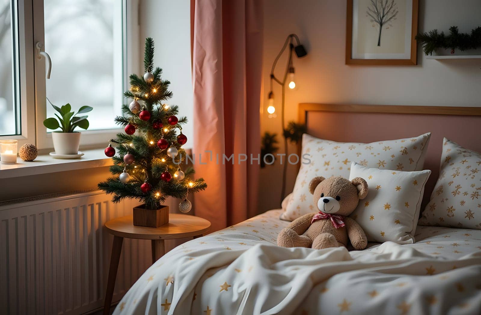 A charming children's room features a miniature Christmas tree decorated with bright toys and garlands on a small table. The bed is adorned with cuddly stuffed animals and festive cushions, enhancing the cozy ambiance