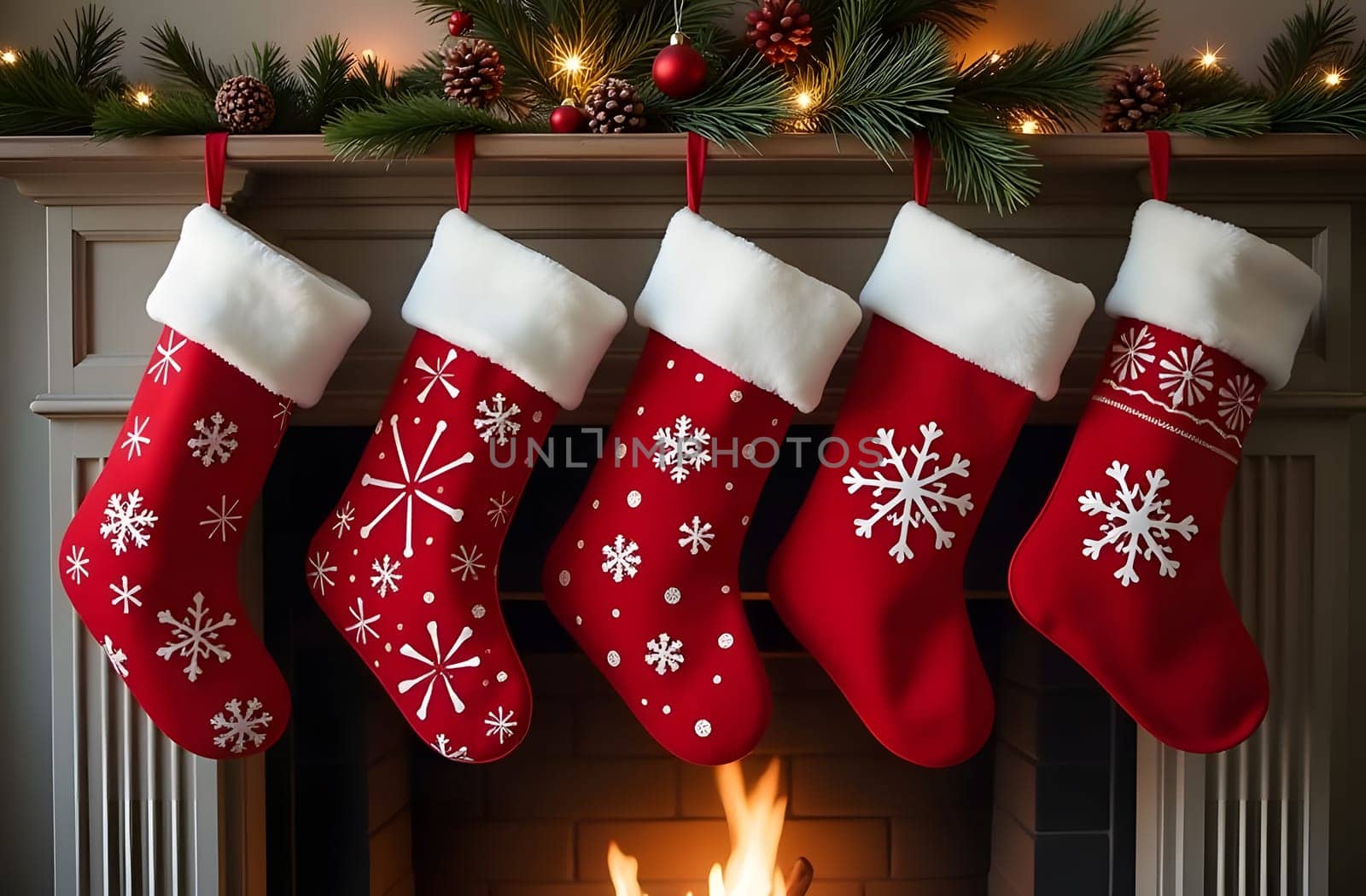 This cozy fireplace showcases five red Christmas stockings, each adorned with fluffy white pom-poms and decorative snowflakes. The festive patterns create a delightful focal point in the holiday decor