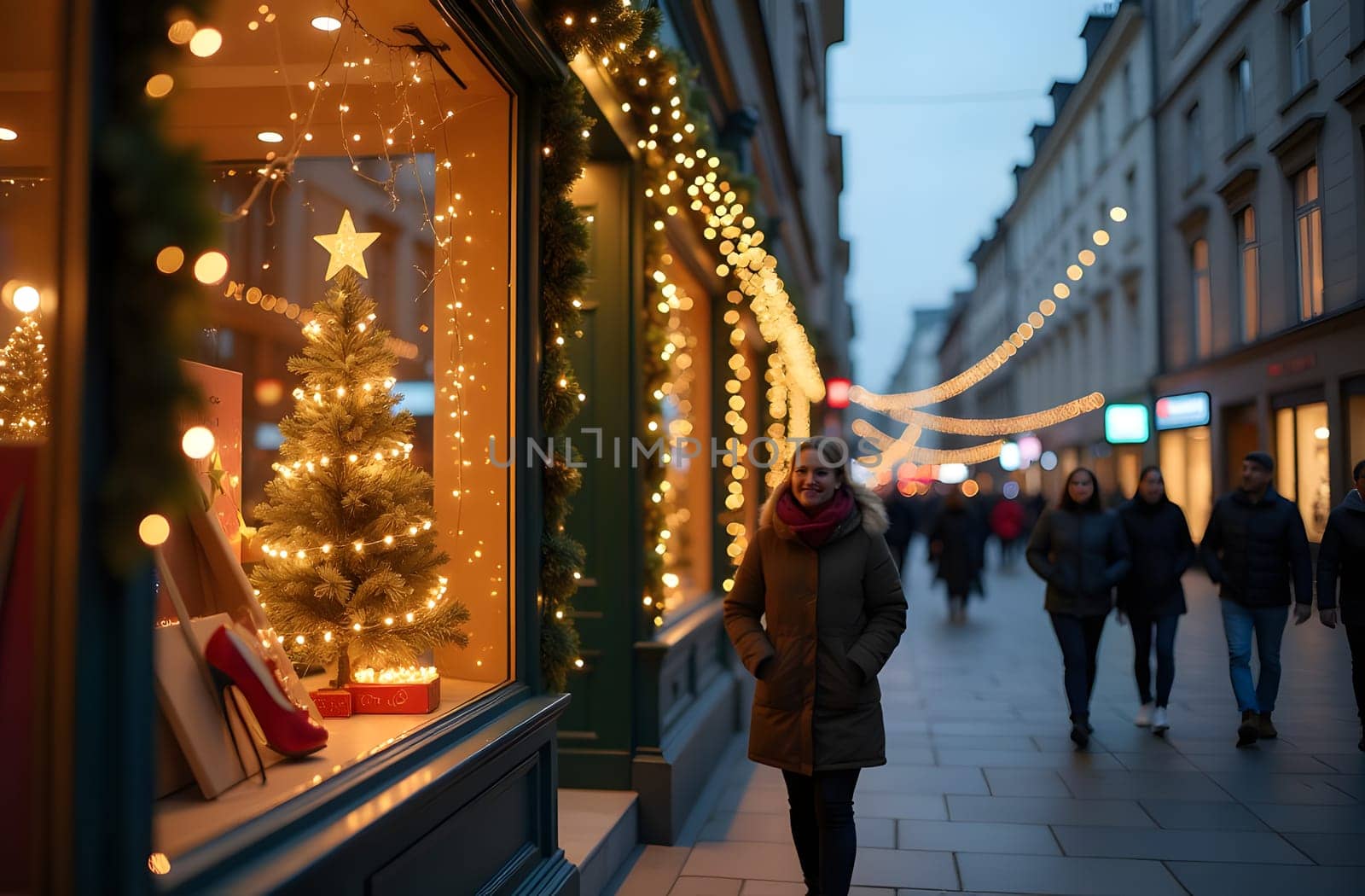 The busy street of a large city is adorned with vibrant shop windows, decorated with garlands, toys, and sparkling Christmas trees. Smiling pedestrians create a joyful and festive atmosphere