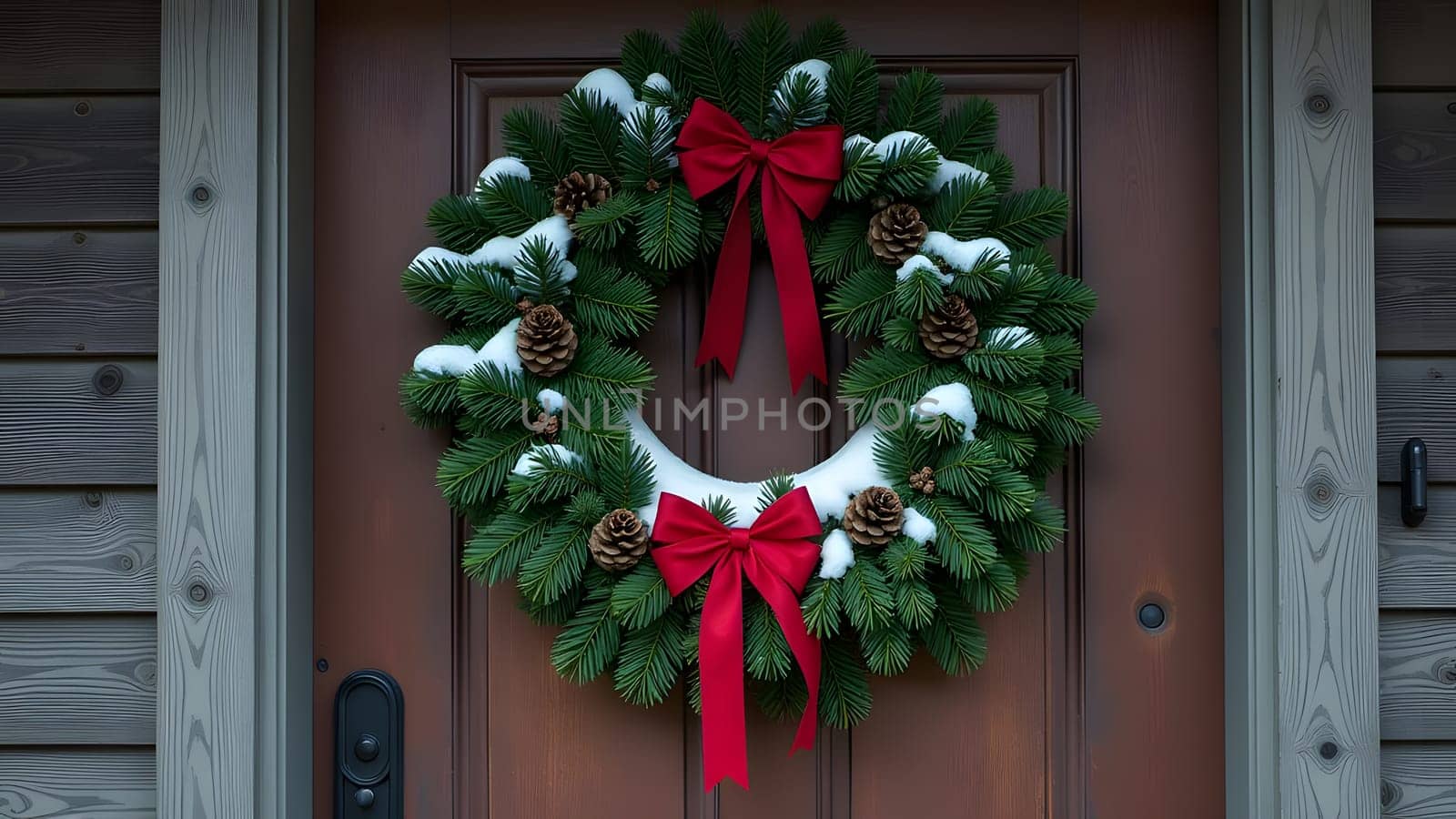 A close-up of a green wreath adorned with red ribbons and pinecones hangs on the wooden door of a rustic country home. Light snow dusts the wreath, adding a touch of winter charm to the scene