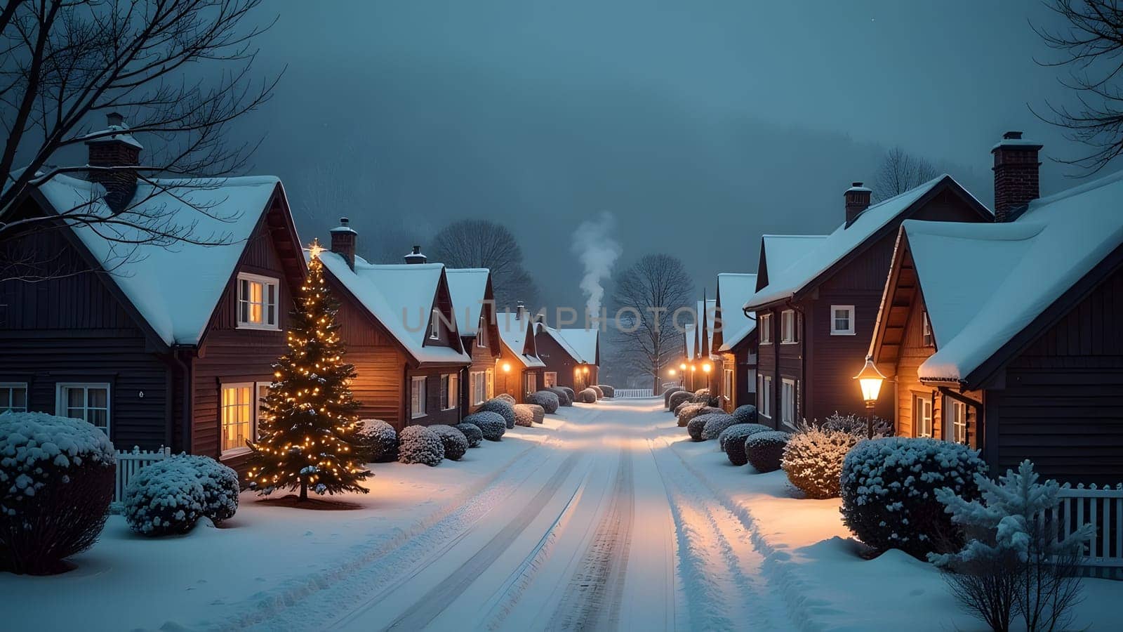 The snow-covered streets of a quaint village are illuminated by festive Christmas lights. Smoke drifts from the chimneys, and in the heart of the square, a tall, decorated Christmas tree shines brightly