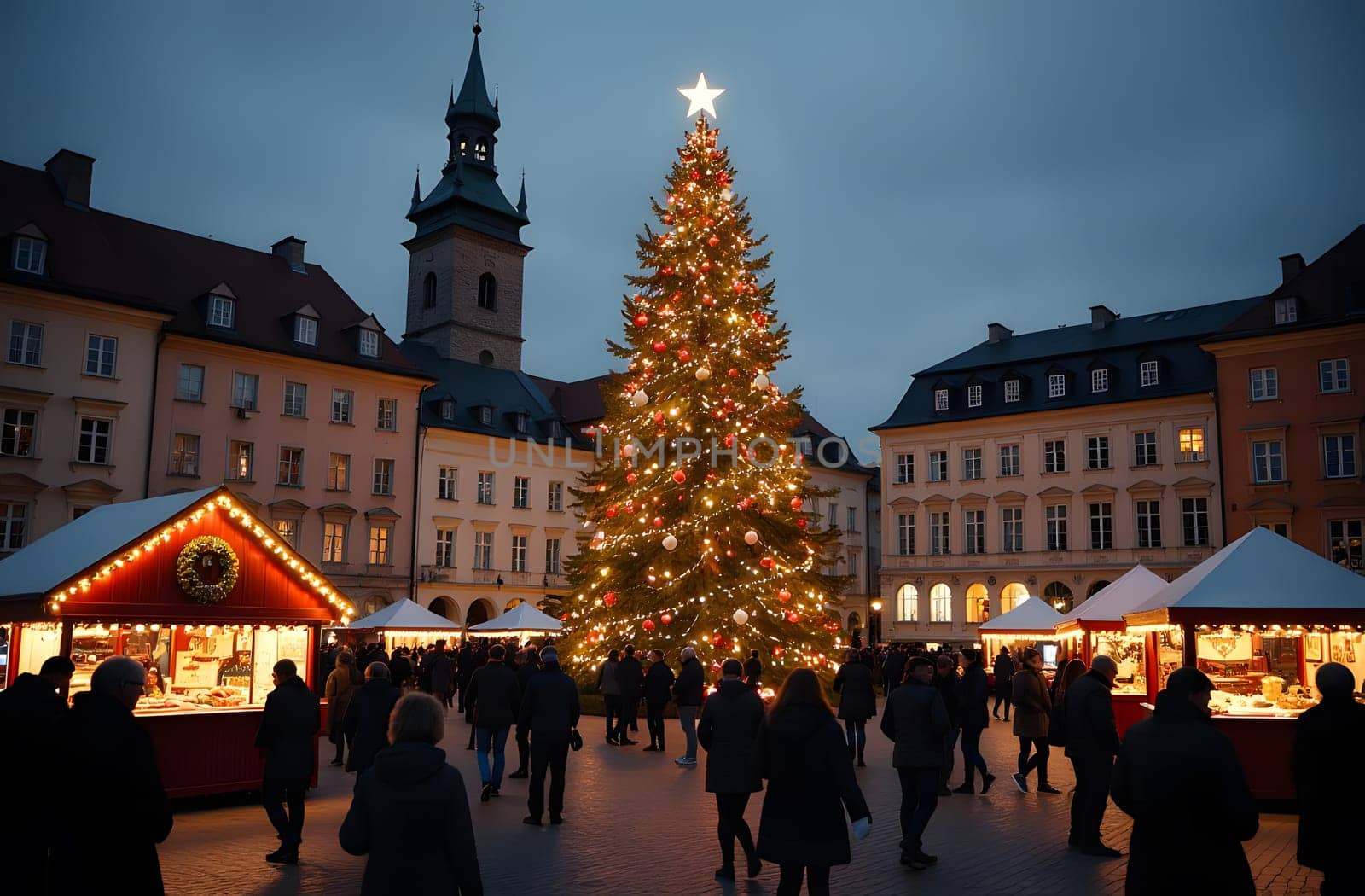 In the heart of a vibrant city square, a giant Christmas tree is beautifully decorated with colorful baubles and sparkling lights. Surrounding it, a lively crowd explores the Christmas market, filled with festive cheer