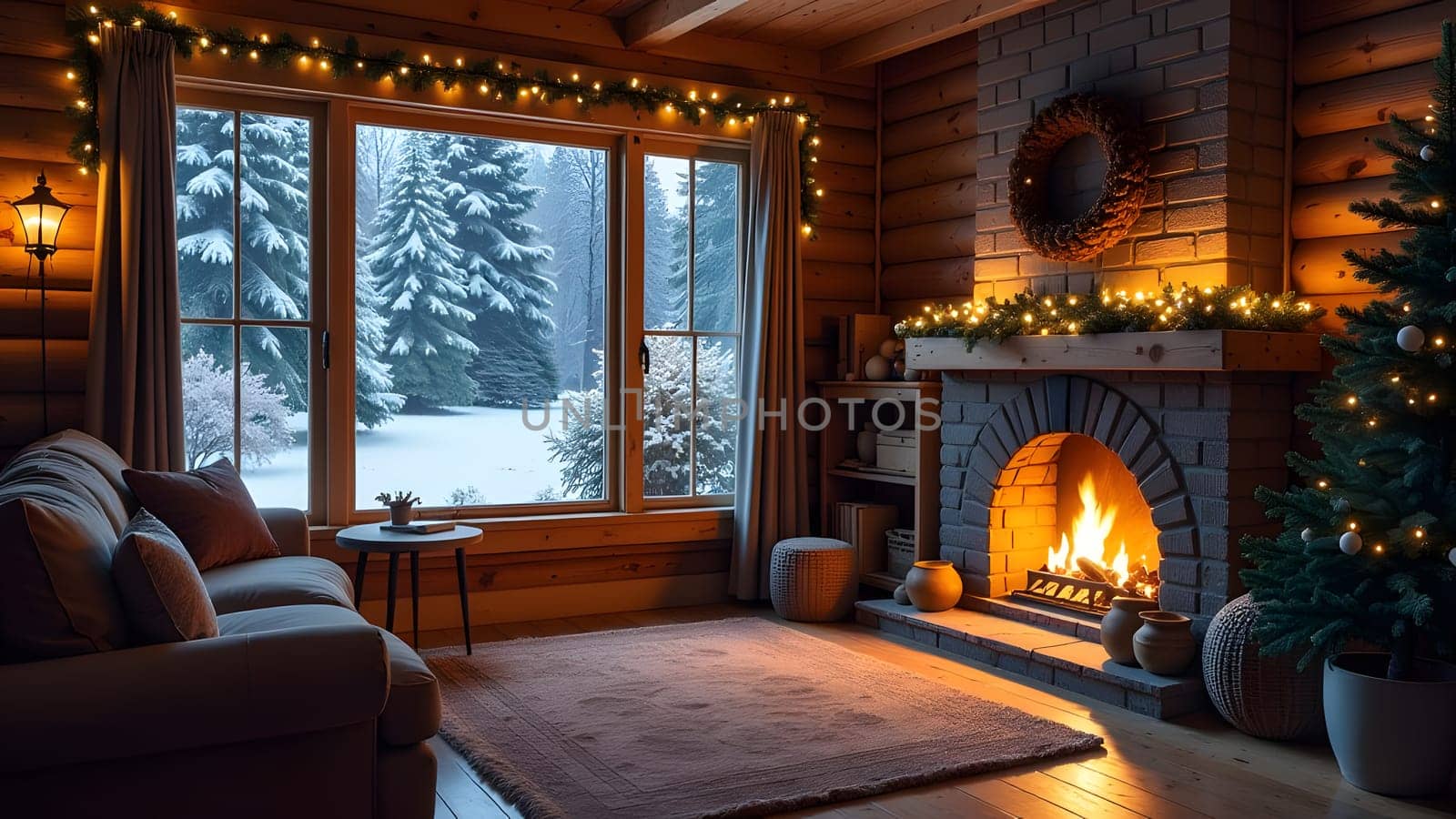 Christmas stockings hang by the fire, creating a festive, warm ambiance, with soft golden light illuminating the hearth