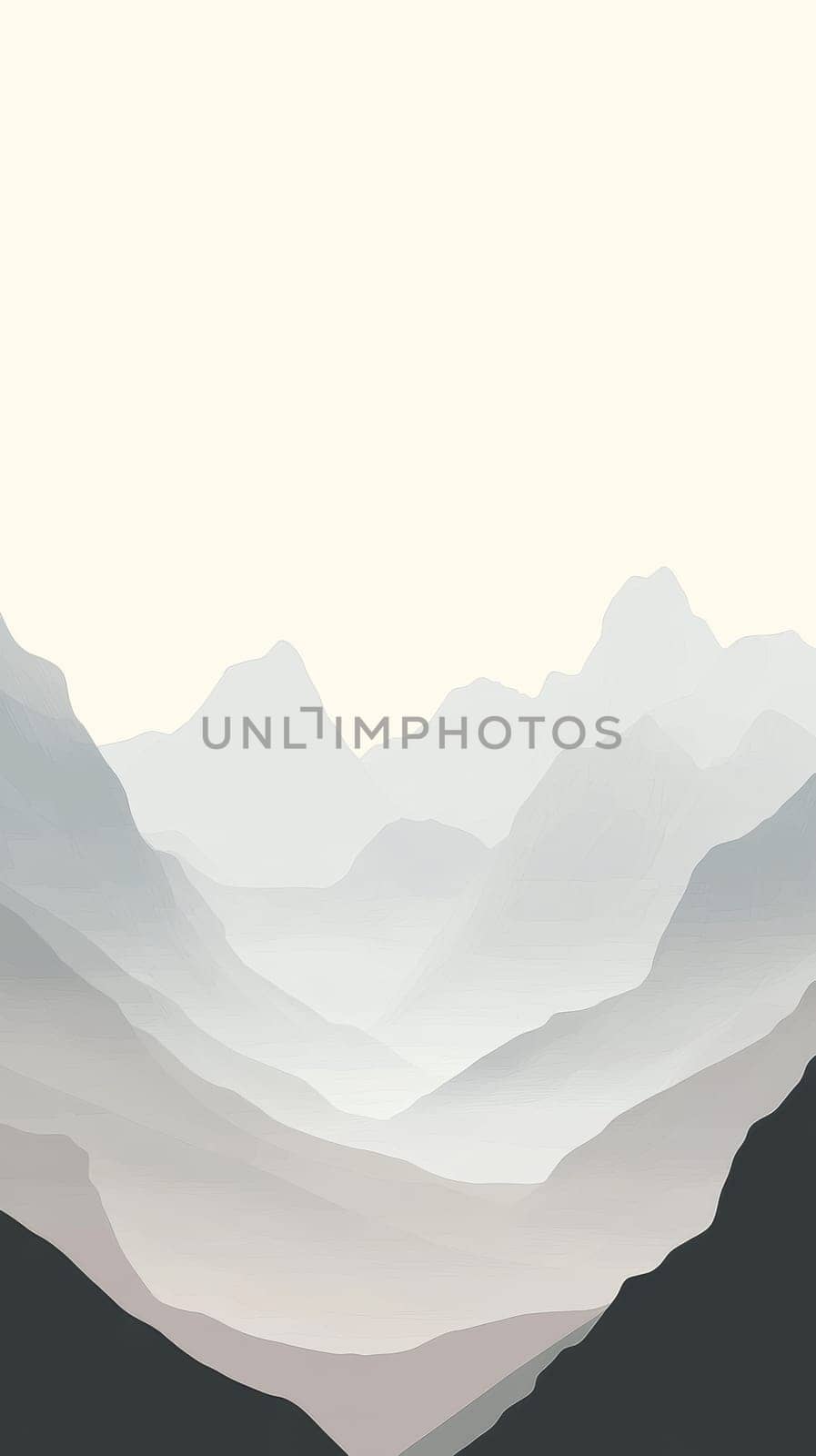 Minimalist mountain landscape with layered fog, serene nature concept.