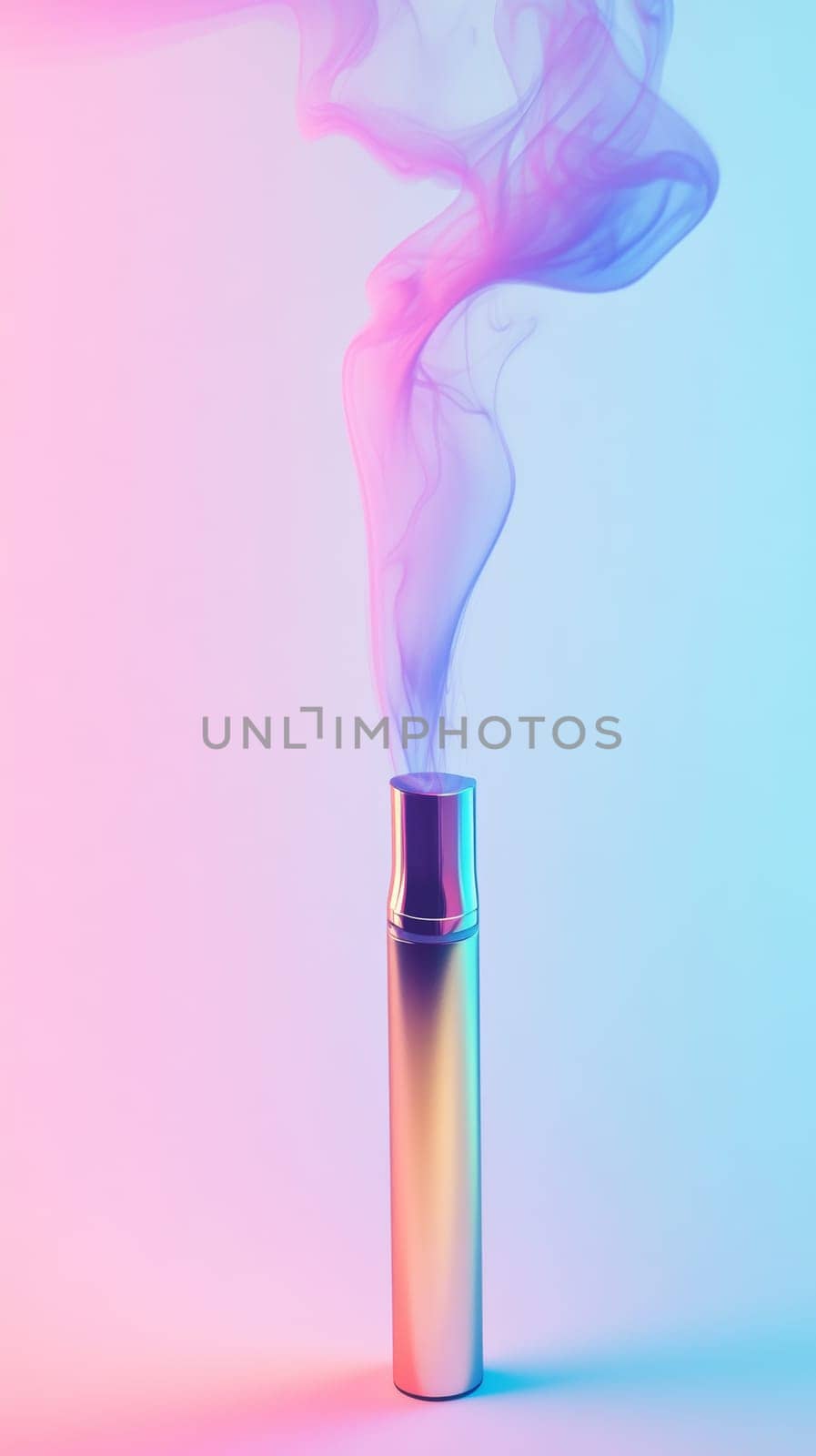 Vape pen with colorful vapor on gradient background.