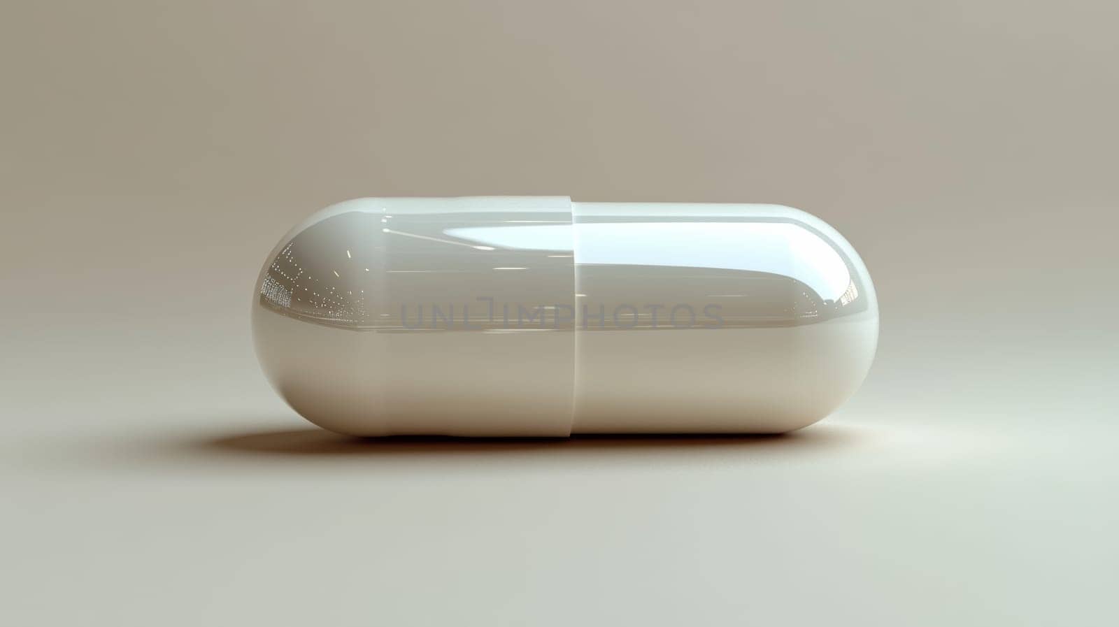 White capsule pill on beige background, healthcare and medicine concept.