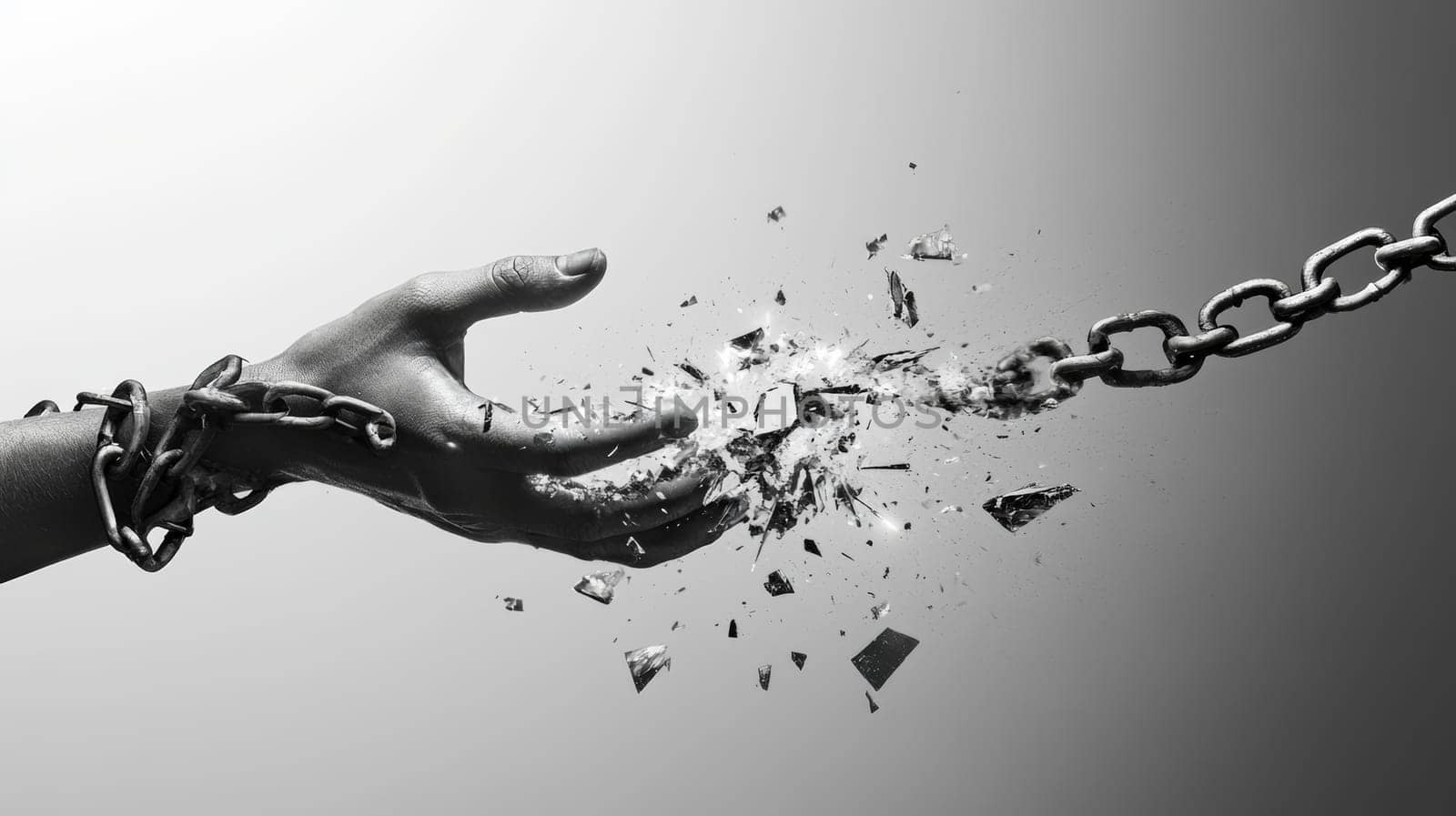 Breaking chains concept with hand shattering metal links, symbolic freedom and liberation imagery.