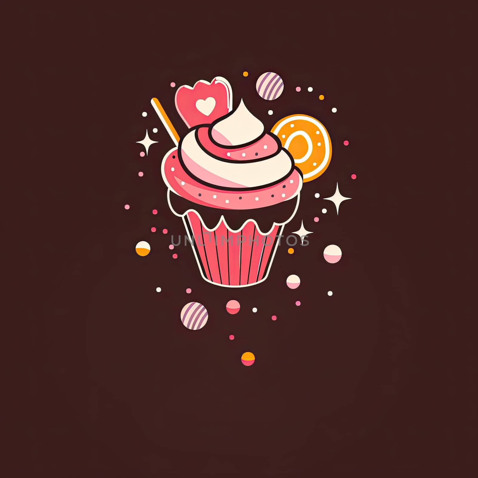 A whimsical cupcake is adorned with pink frosting, a heart-shaped topper, and colorful candy decorations, creating an enticing dessert display.