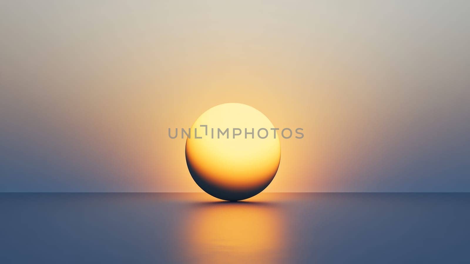 Sunset over calm ocean with spherical reflection.