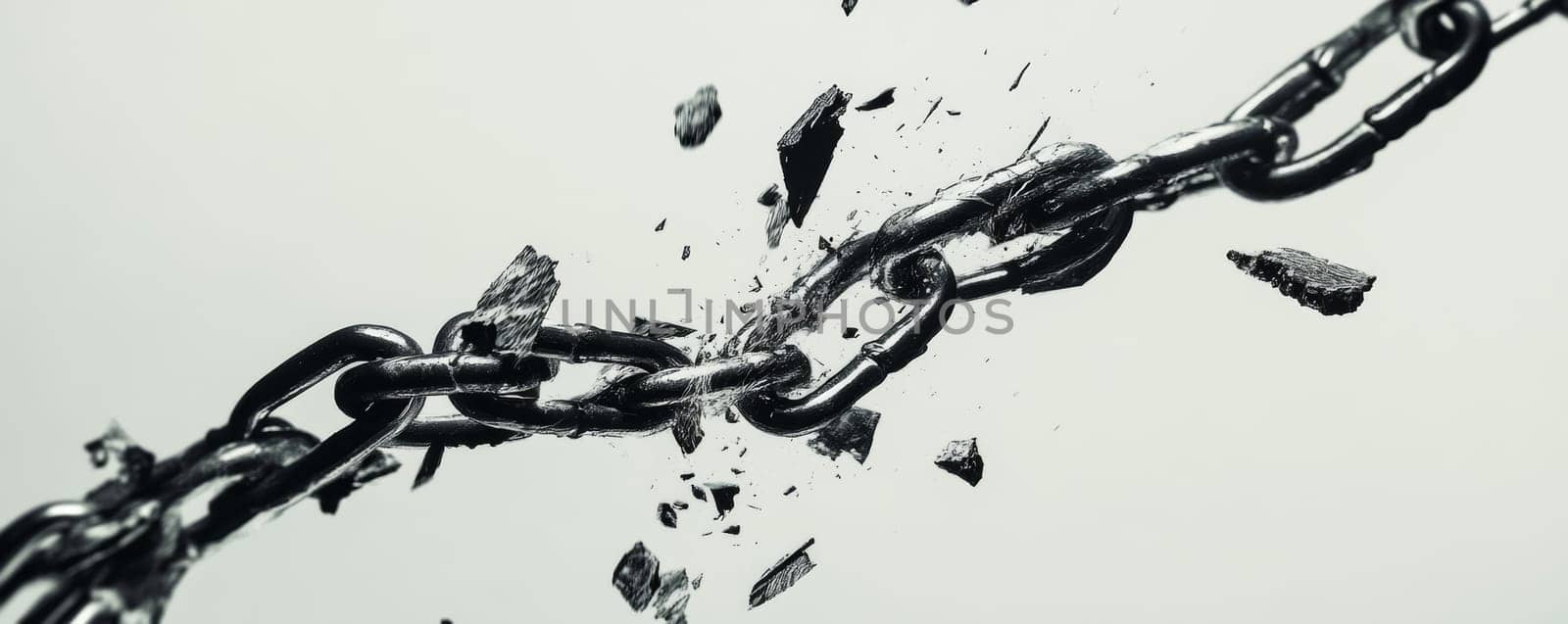 Breaking metal chain with dramatic shattering, symbol of freedom and strength.