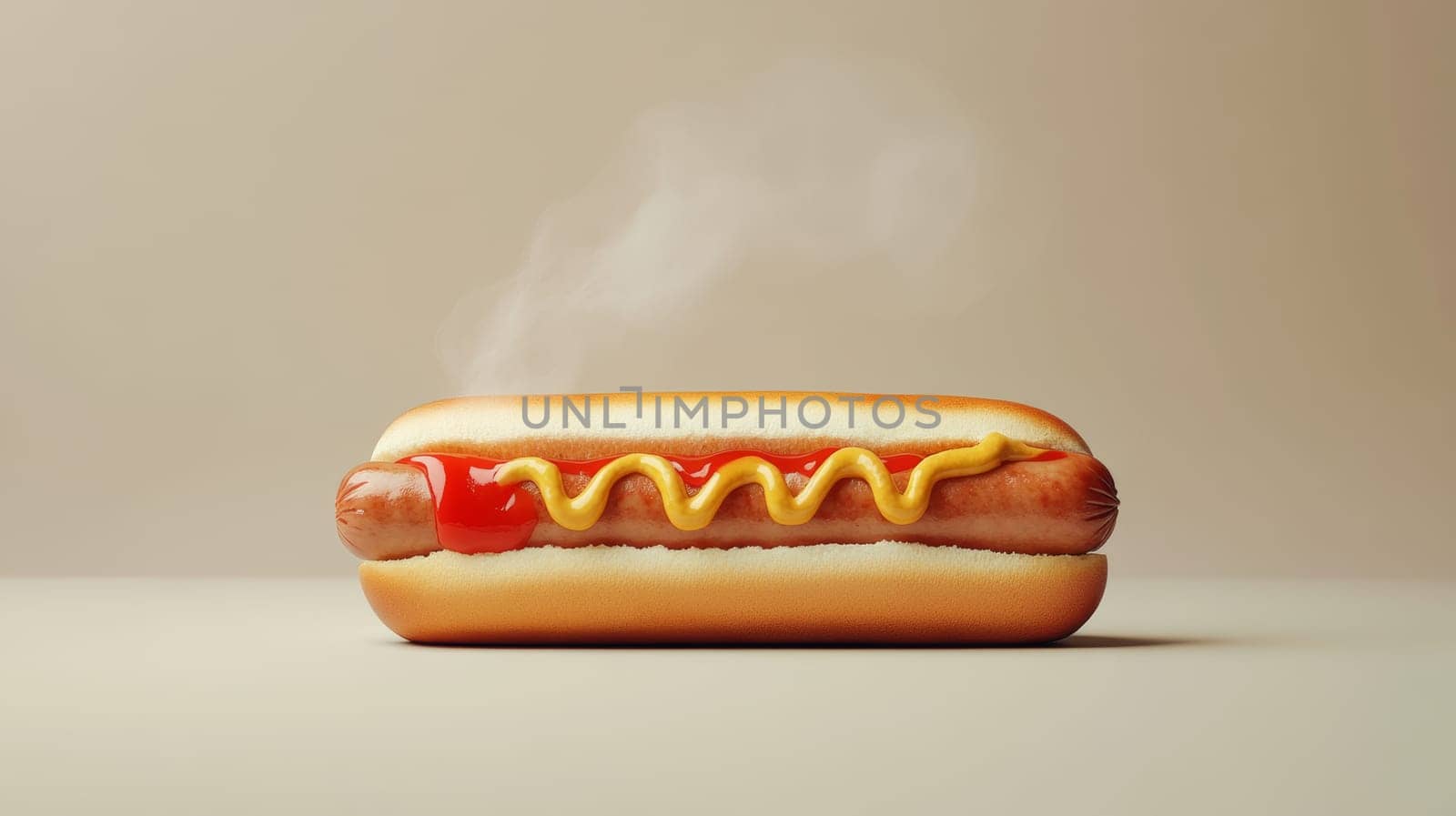 Hot dog with mustard and ketchup on a bun, studio shot. Classic American snack and fast food concept.