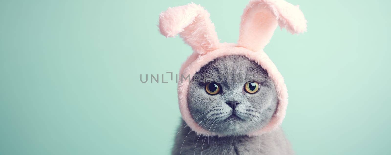 Gray cat wearing pink bunny ears on turquoise background, playful pet concept.