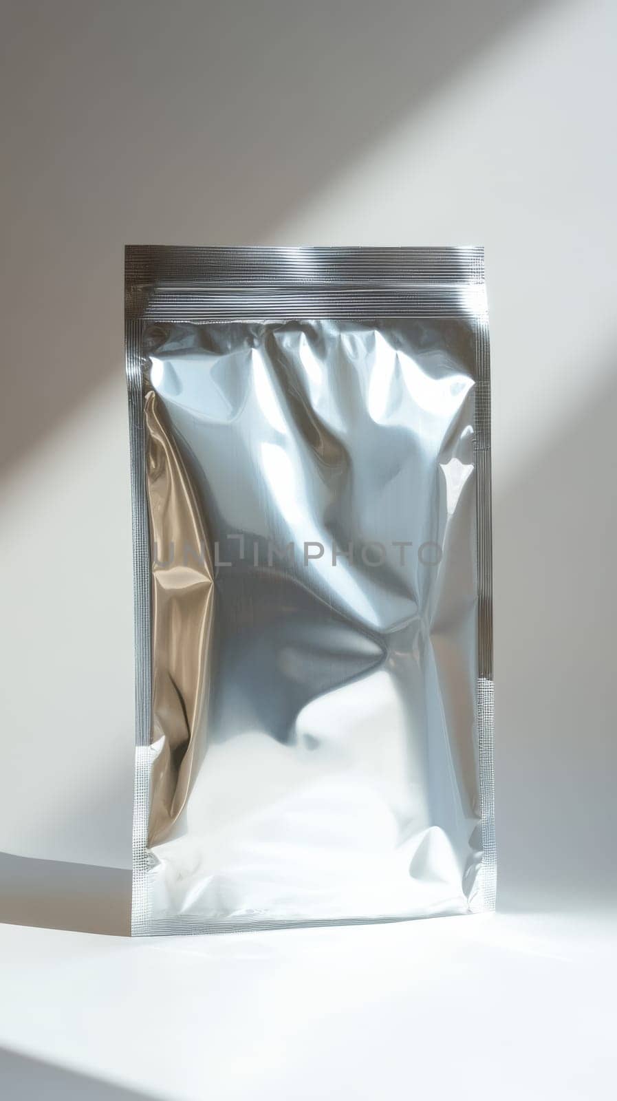 Silver foil pouch against white background, minimalistic design. Packaging concept.