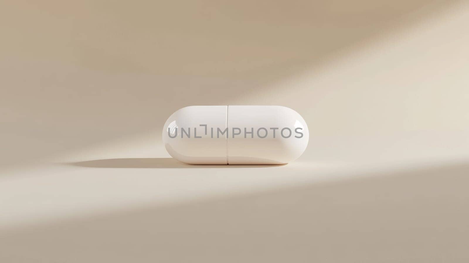 White capsule pill on a beige background, minimalistic healthcare concept.