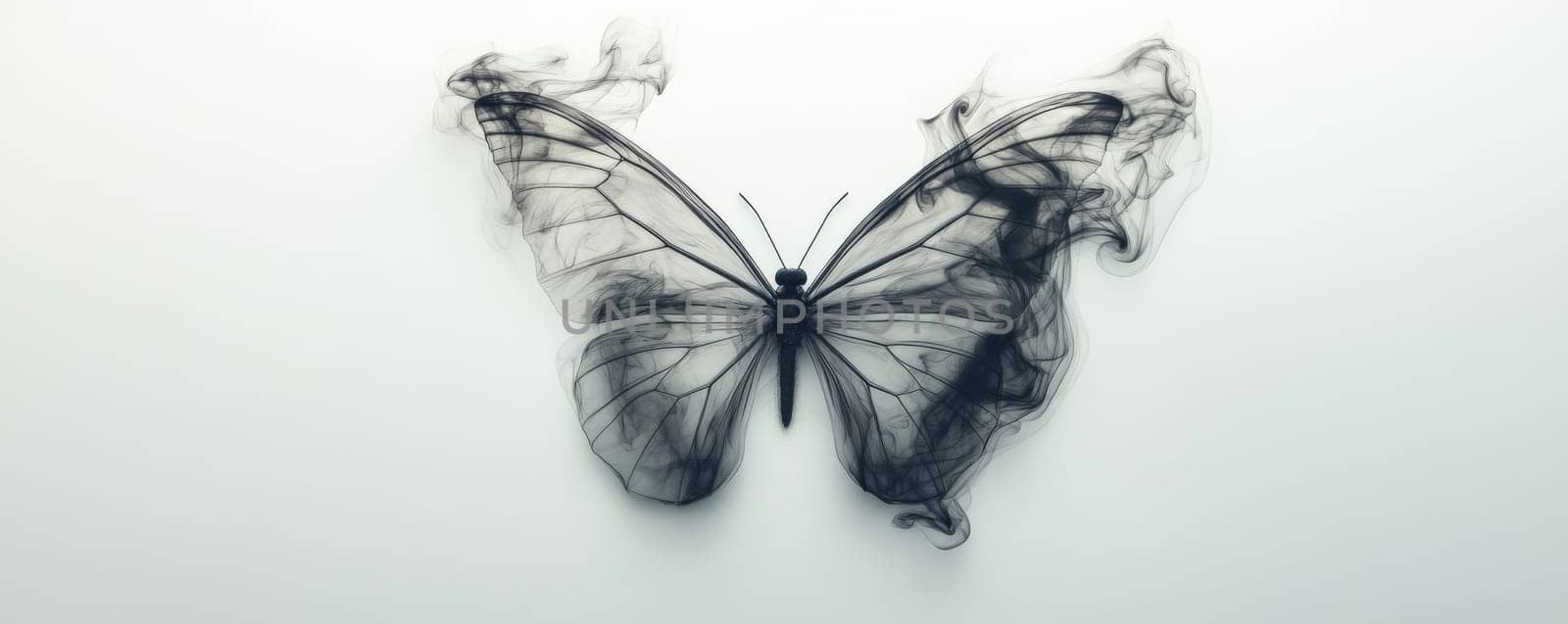Butterfly made of black smoke on white background.
