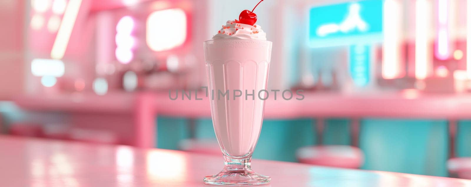 Milkshake in retro diner with cherry topping, nostalgic ambiance. Classic American dessert concept.