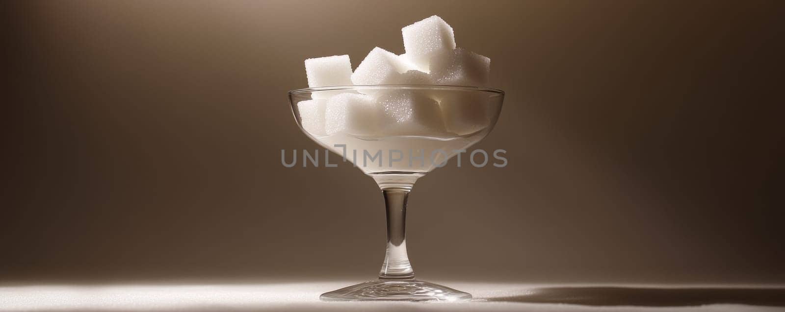 Glass goblet filled with sugar cubes under soft light, minimalist concept.