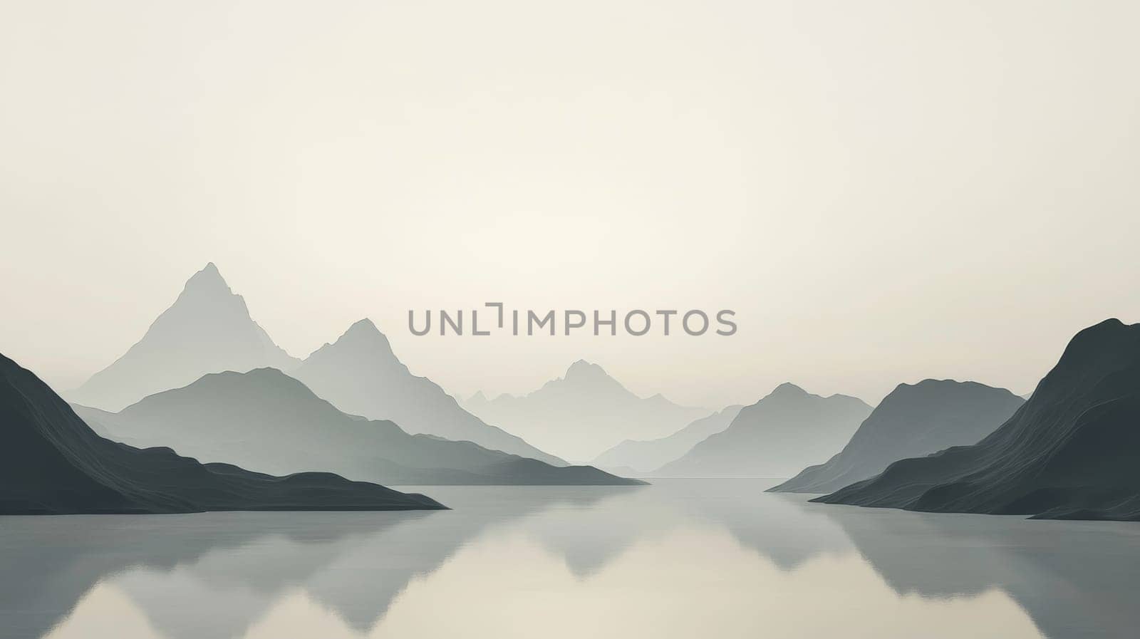 Serene mountain landscape with misty lake reflection, tranquil nature scene. Peaceful wilderness and calm concept.