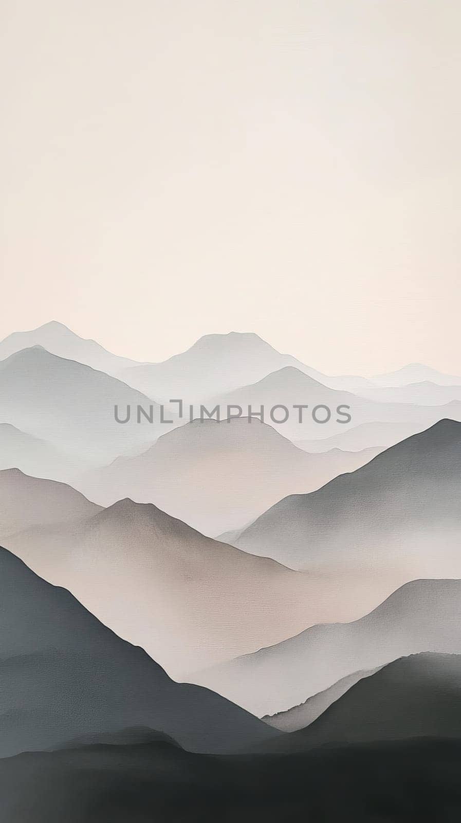 Serene mountain landscape with layers of mist and soft pastel colors, peaceful nature concept.