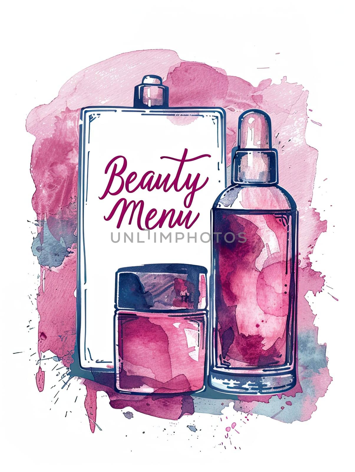 An artistic design showcases a beauty menu surrounded by various skincare products, including bottles and jars, all illustrated in soft watercolor tones.