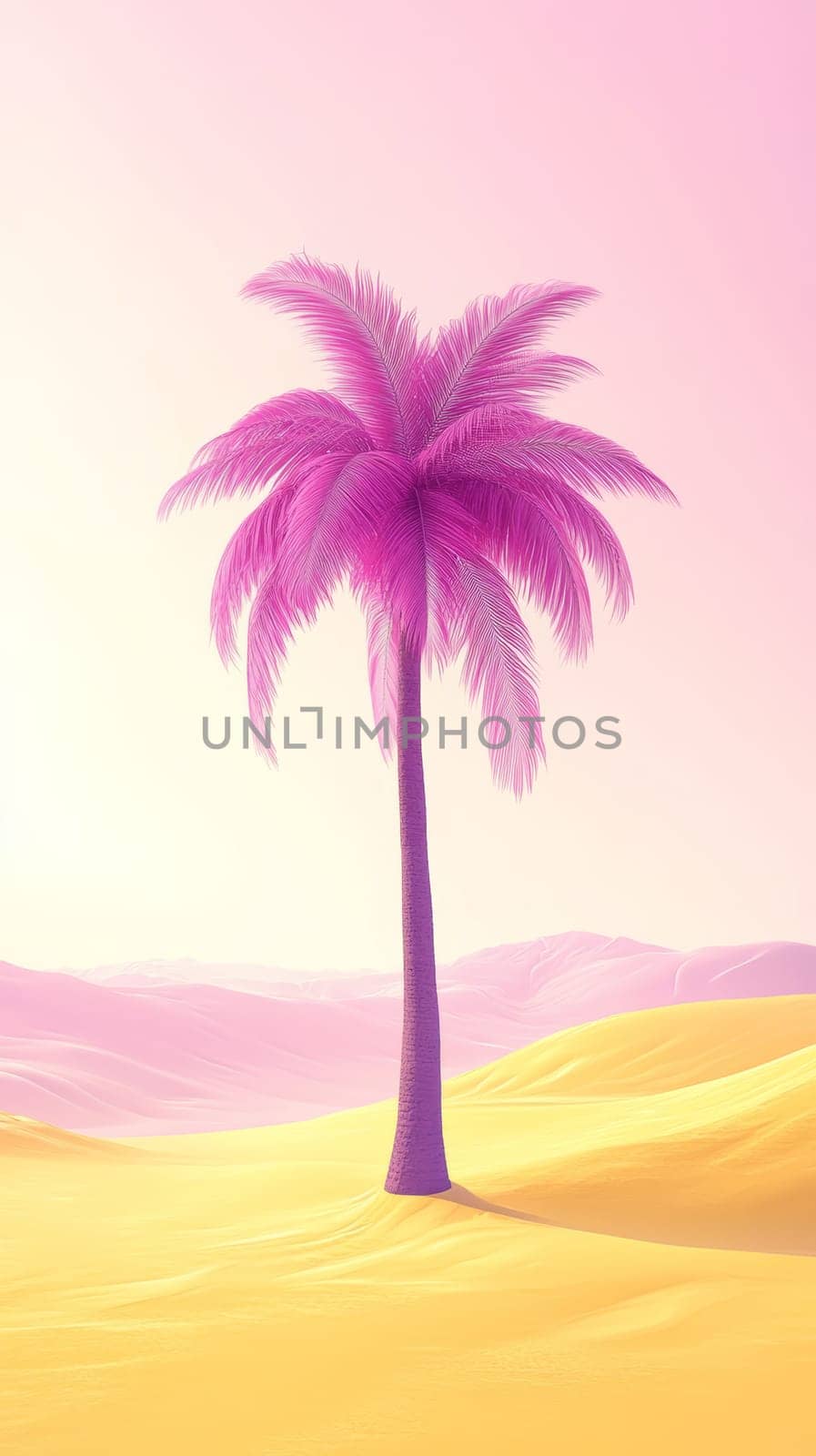 Pink palm tree in yellow desert, surreal landscape. Dreamy and artistic concept.