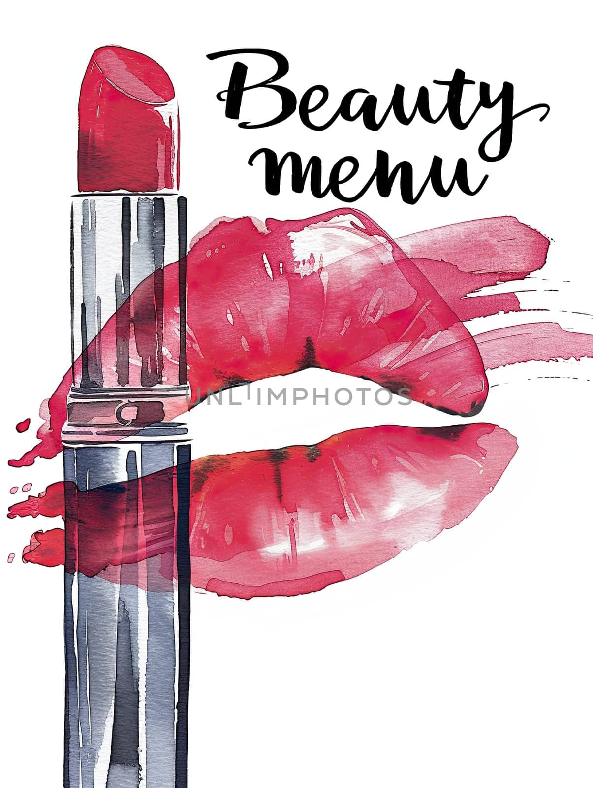 A striking beauty menu showcases a bold red lipstick alongside vibrant lip prints, appealing to makeup lovers seeking inspiration for their looks.